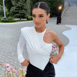yipinpay Bodysuit Women Top Long Sleeve Body One Shoulder Bodysuits Ruched T Shirt Female Clothing Skinny Streetwear Black Bodysuit