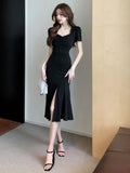 Yipinpay Temperament Dresses Women Square Collar Split Solid French Style Chic Slim Stretch Sexy Dress Spring Female Casual