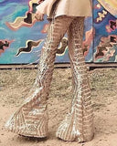 Yipinpay new fashion women's elegant trouser Glitter High Waist Bell-bottomed Sequins Pants Female clothing outfits for women