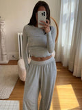 Yipinpay Women Y2K 2 Pieces Pajama Set Long Sleeve Crop Tops + Elastic Wide Leg Pants for Loungewear Aesthetic Soft Sleepwear
