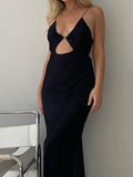 Yipinpay Sexy Womens Summer Long Evening Dress Solid Color Sleeveless Backless Hollow Out Evening Gown Hot Sale S M L
