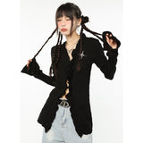 yipinpay Women Black Cardigan Sweater Star Embroidery Irregular Outerwear V-neck American Fashion Lazy Wind Winter Thin Knitting Coat