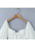 Yipinpay Sexy Women Lace Spliced White Crop Blouse Vintage Lantern Sleeve Back Bandage Backless Ladies Summer Tops