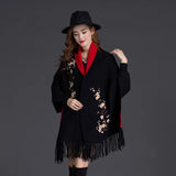Yipinpay Winter Can Wear Shawl Scarf Dual-use Embroidery With Sleeves Wool Cashmere Thick Tassel Cloak Female