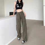 Yipinpay Baggy Pockets Cargo Pants For Women Y2k Summer Korean Straight Oversize Trousers Aesthetic Wide Leg Jeans Female Clothes