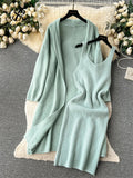 Yipinpay Autumn Thick Warm Knitted Suits 2024 Strap Knit Dress+Loose Long Cardigans Sweater Home Wear Casual Two Pieces Sets