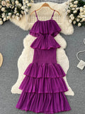Yipinpay 2024 Women Hotsweet Chiffon Sundress Strap Cake Backless Sheath Bodycon Long Dress Vacation Retro Elastic Beach Dress