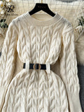 Yipinpay Office Lady Knitted Dress Twist Drill Shaped Long Sleeves Belt Solid Women Senior 2024 Winter Thick Sweater Midi Dress