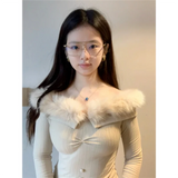 Yipinpay Neck Fur Collar Sexy Long Sleeve Y2k Clothes Crop Top Slim Women Tshirt Knitted Spring T-shirts Sweater Grunge Tee