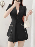 Yipinpay Professional Women's Two-piece Office Women's Temperament Waist Short Sleeve Beaded Pocket 2 Piece Set Shorts and Jacket