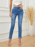 Yipinpay Winter New High Waist Embroidered Jeans for Women Fashionable Stretch Slim Ankle-Length Denim Pencil Pants S-XL