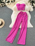 Yipinpay Women Solid Sexy Two Pieces Sets Summer Strapless Slim Camisole + Wide Leg Long Pants Sets Streetwear Two Piece Suits