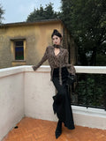 Yipinpay Leopard Printed Shirts Women V Neck Flare Long Sleeve Loose Female Fashion Sexy Elegant Blouse Streetwear Casual Tops