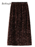 yipinpay Elegant Long Straight Skirts Women Sequins Split Luxury Vintage Office Ladies High Waist Pencil Skirt Korean Fashion