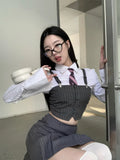 Yipinpay and Winter Sweet Hot Girls American College Style Suit Vest Long Sleeve Shirt with Tie Short Skirt Fashion 3-Piece Suit