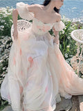 Yipinpay Summer Elegant Beach Floral Dress Fairy Puff Sleeve Midi Dress Office Lady Korean Fashion Evening Party Dress Holiday Chic