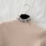 Yipinpay High Neck Knit Sweater Women's Autumn/Winter 2024 New Button Spliced Lace Fungal Edge Top Long Sleeve Slim Bottoming Shirt