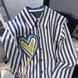 yipinpay Blue Stripe Shirt Women's Blouse Chic Embroidery Design Long Sleeves Casual Tops Fashion Vintage Button Femmes Shirts