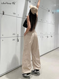 Yipinpay Street Style Khaki Parachute Pants Women Pleated High Waist Pockets Cargo Pants Casual Drawstring Trousers Gray 2023