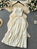 Yipinpay Summer Lace Patchwork Beach Two Pieces Sets Women Sexy Camisole+A Line Long Skirt Fashion Elastic Bohemian Suits