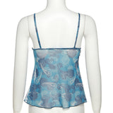 Yipinpay Mesh V Neck Women Camis Ruffled Sexy Backless Crop Tops Blue Burgundy See Through Summer Sleeveless Top Y2K