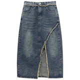 Yipinpay Women Denim Maxi Skirts Y2k Fashion High Waisted Blue Vent Raw Edge Korean Version Washing Casual Wrap Buttock Jean Skirt
