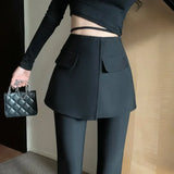 Yipinpay Chic Women Pants Fake Two Piece Patchwork High Waist Slim Flare Pants Black Streetwear Female Fashion Long Trouser