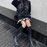 Yipinpay Mall Goth Gothic Lace Ruffle Mini Skirts Womens Harajuku Fairy Grunge Black Pleated Skirt Japanese Lolita Streetwear