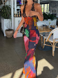 Yipinpay MO 2023 Summer Elegant Tie Dye Floral Chiffon See Through Maxi Dress Sexy Women Backless Lace Bodycon Beach Party Robe