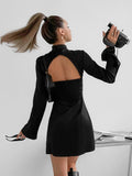 Yipinpay Flare Long Sleeve Black Backless Dress Women Club Slit Dress Spring Stand Collar Evening Mini Slim Dress Ladies 2023