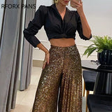 Yipinpay Women Fashion Solid Sequins High Waisit Zipper Wide Leg Full Length Club Pants