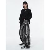 yipinpay Women's Black Vintage Tie Dye Jeans Hip Hop Baggy High Waist Wide Leg Pants Street Fashion Straight Denim Trouser Ladies Summer