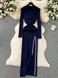 Yipinpay Streetwear Knit Split Dress O Neck Long Sleeves Slim Fit France Elegent Ladies Autumn Evening Party Bodycon Long Dress