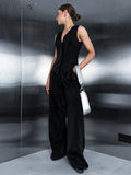 Yipinpay Elegant Office 2 Pieces Sets Black Cotton Linen V-Neck Sleeveless Vest Outfit Summer High Waist Wide Leg Pants Sets