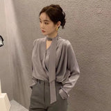 Yipinpay Up V Neck Satin Shirt Blusa Feminina Long Sleeve Ribbon Top OL Slim Wild Elegant Chemise Femme Camisas De Mujer Blouse