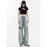 yipinpay Jeans Women Y2K Style High Waist American Hollow Out Wide Leg Pants Fashion Hip Hop Vintage Straight Summer Female Trouser