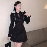 Yipinpay Style Retro Long Sleeve Black Jacquard Cheongsam Mermaid Dress Women Mini Vestido De Mujer Fashion Hollow Sexy Ruffle