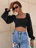 yipinpay Sleeve Top Women Tie Back Crop Top Y2K Square Neck T Shirt Slim Lantern Sleeve Tops New Year 2023 Fall Spring Woman Clothes