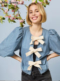 Yipinpay Bow Lace Up Blouse Women Loose Puffed Short Sleeve O Neck Shirts 2024 Summer New Female Hollow Out Casual Tops