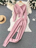 Yipinpay Winter Casual Knitted Two Pieces Suits V Neck Long Sleeve Sweater+ Elastic Casual Long Pants Sets Women Sweater Sets