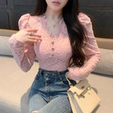 Yipinpay Fashion Shirts Women Puff Loong Sleeve V Neck Autumn Winter Slim Lace Patchwork Crop Tops Female Sexy Elegant Blouse