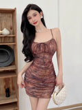 Yipinpay Mini Dresses Women Sleeveless Mesh Bandage Patchwork Tie Dye Ruched Vintage Slim Party Dress Backless Female Clubwear