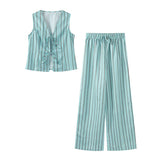 Yipinpay Stripe Print Long Pants Sets For Women 2024 Summer Chic Lace Up Vest Wide Leg Pants 2 Pieces Sets Lady Beach Street Suit