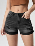 Yipinpay New Women Summer Ripped Roll Denim Shorts Fashion High Stretch Skinny Sexy Shorts Jeans Black/Blue S-2XL