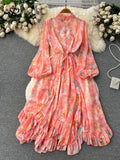 Yipinpay France Retro Loose Dress Floral Long Lantern Sleeves Beading Irregular Ruffles Elastic Lace Up Women Vintage Dress