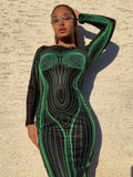 Yipinpay Line Printing Bodycon Long Dress Women Spring Long Sleeve Backless Sexy Party Dresses 2023 Nigh Club Vestidos For Women