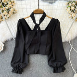 Yipinpay Woman's Blusas Korean Vintage Square Collar Long Sleeve Chiffon Blouses Women Back Elastic Kawaii Crop Top White Shirt