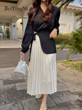 yipinpay Temperament V-neck Elegant Long Midi Dress Women Sashes Patchwork Full Sleeve Office Ladies A-line Dresses Vintage OL