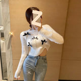 Yipinpay White Blue 3D Bow Rhinestone Chain Sweater Jumper Pull Femme Korean Cropped Sweater Mujer Mink Cashmere Sueter Mohair Top