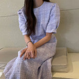 Yipinpay O Neck Puff Short Sleeve Purple Plaid Dress Women Maxi Fashion Korean White Tweed Dress Robe Vestidos Long 2023 Fall
